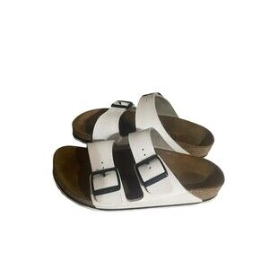 Birkenstock Sandals Womens 38 Arizona Buckle Straps Flats White Leather Slip On